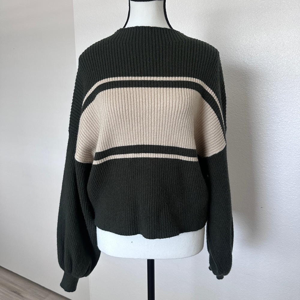 Women's Olive and Cream Striped Rib-Knit Crewneck Sweater